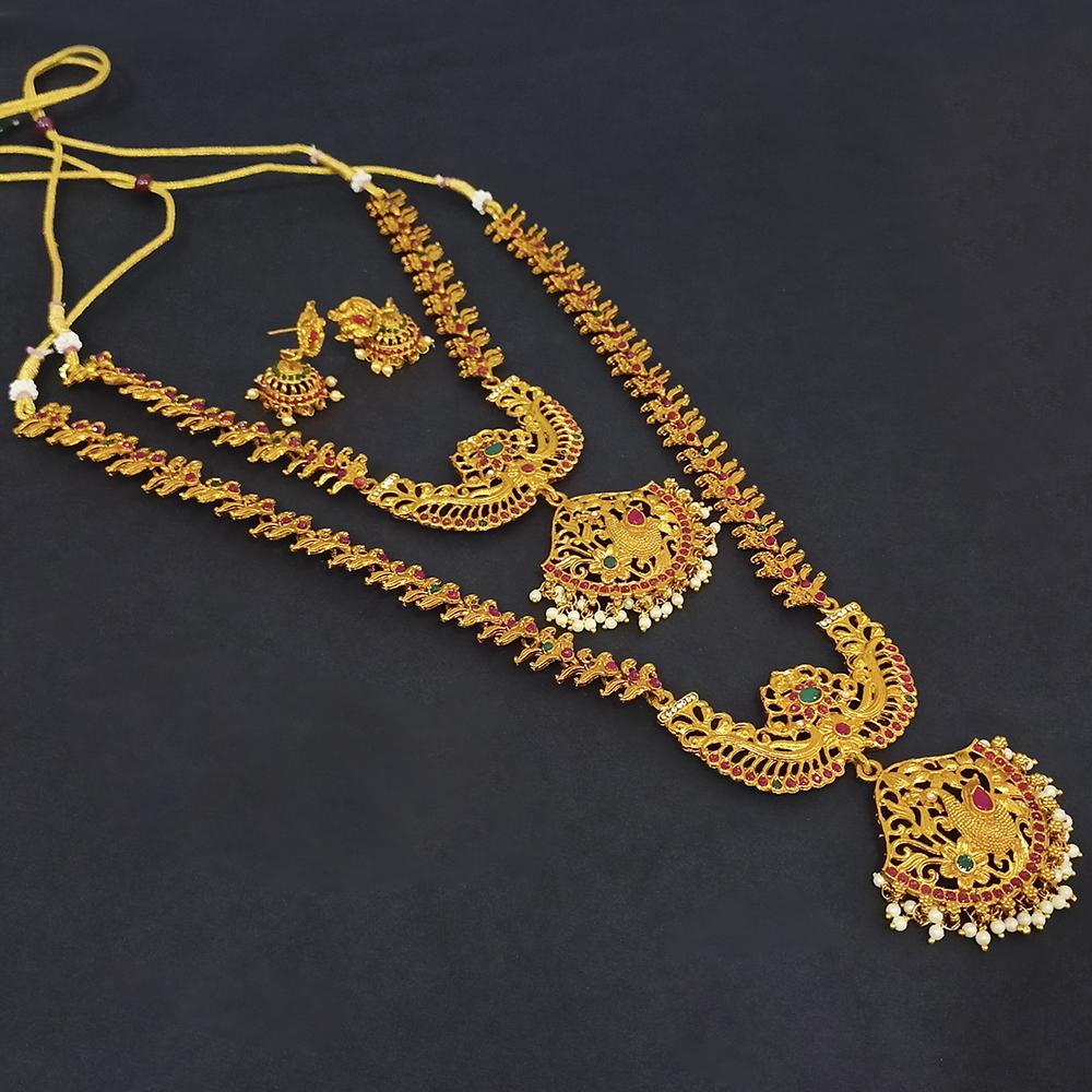 Shreeji Creation Gold Plated Green & Pink & Pearl Double Necklace Set - 1116002