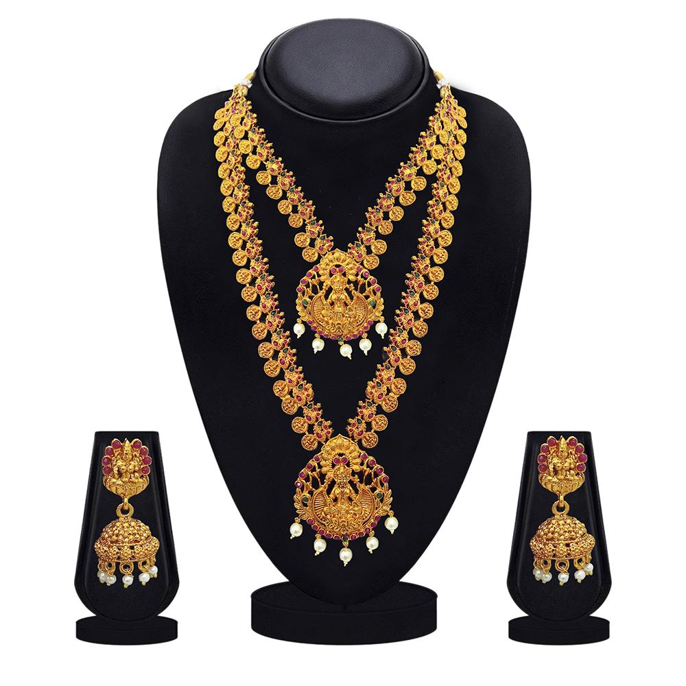 Shreeji Creation Gold Plated Green & Pink & Pearl Double Necklace Set - 1116005