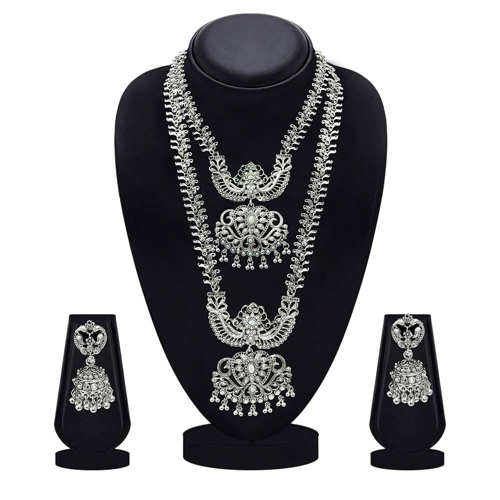 Shreeji Creation Oxidised Plated White Pearl Double Necklace Set - 1116006