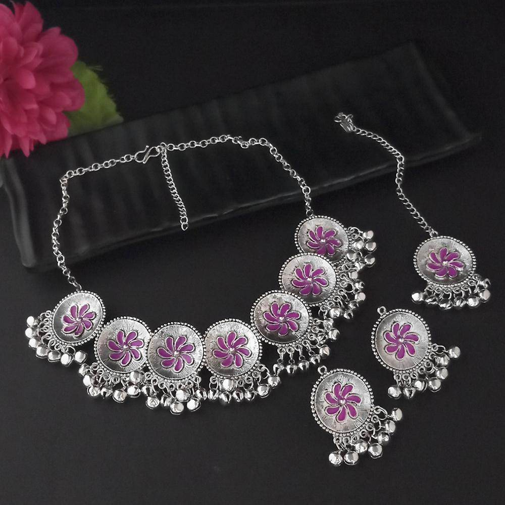 Shreeji Creation Oxidised Plated Pink Meenakari Necklace Set With Maang Tikka - 1116013C