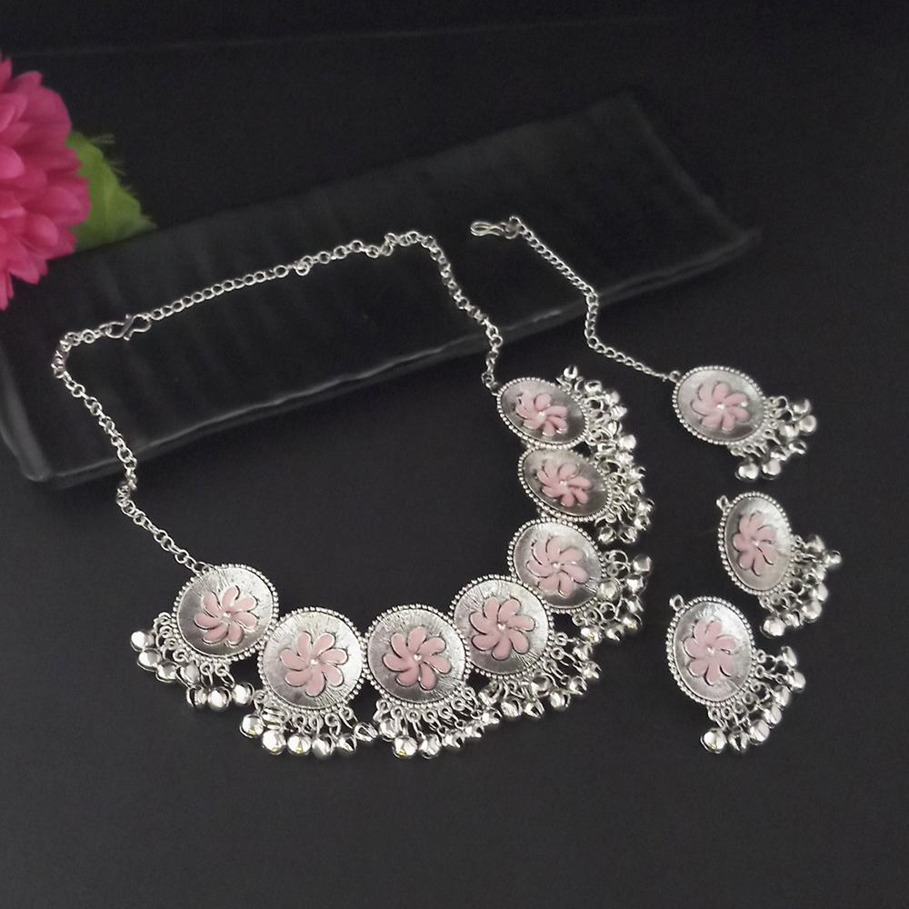 Shreeji Creation Oxidised Plated Light Pink Meenakari Necklace Set With Maang Tikka - 1116013I