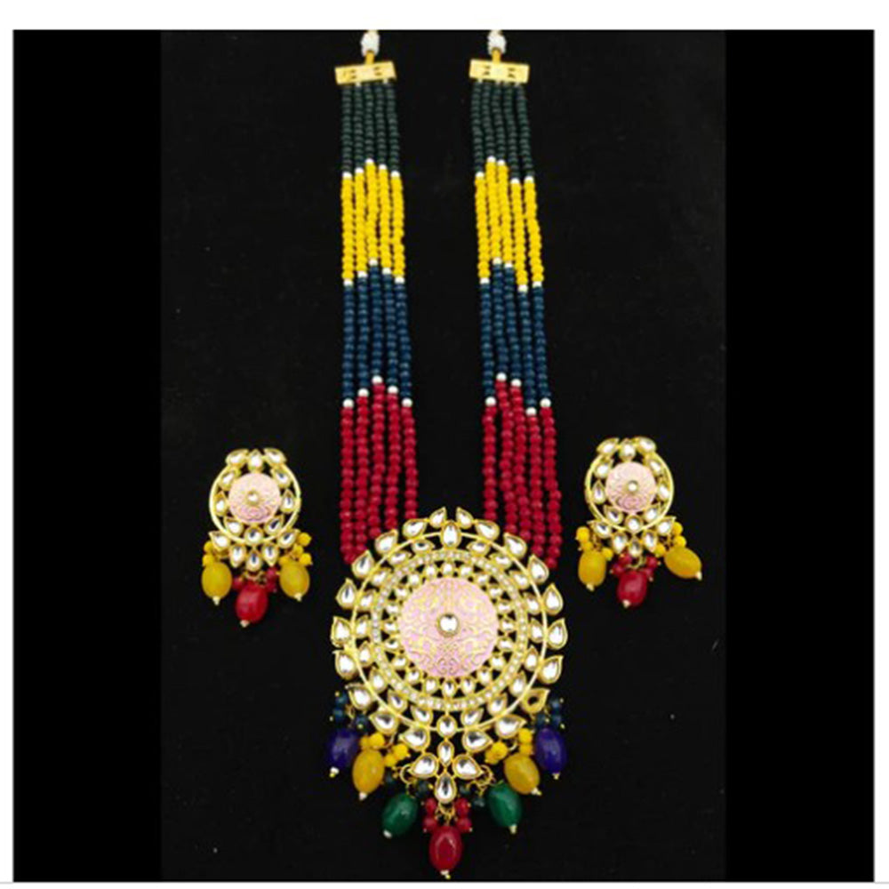 Bhavi Jewels Gold Plated Kundan Stone & Beads Long Necklace Set