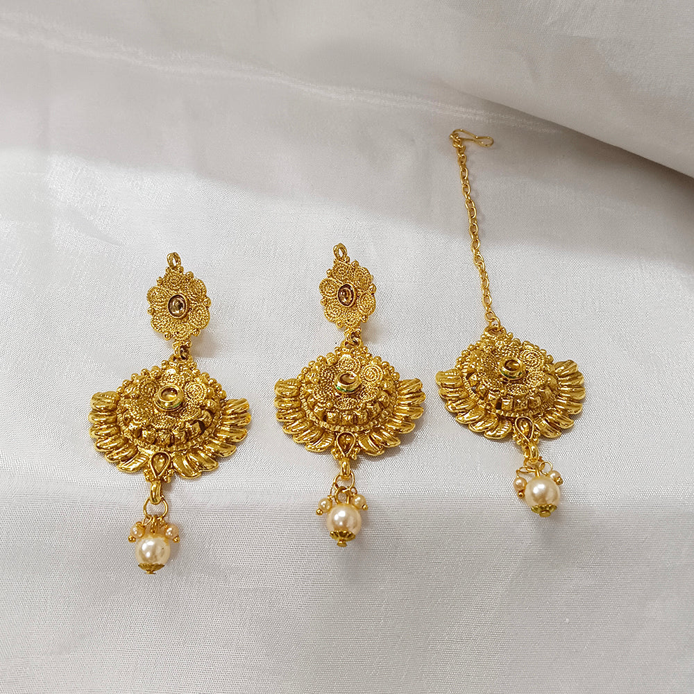 Bhavi Jewels Gold Plated Dangler Earrings With Maangtikka