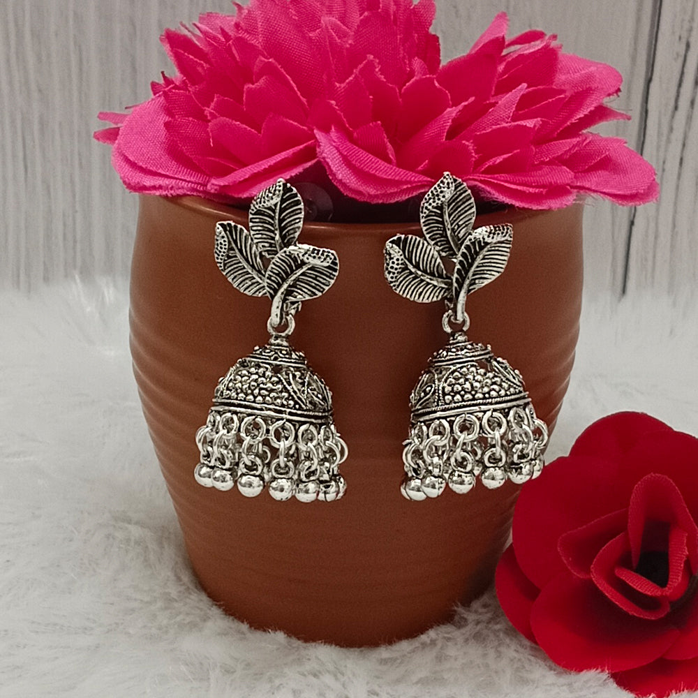 Bhavi Jewels Oxidised Plated Leaf Jhumkis Earrings