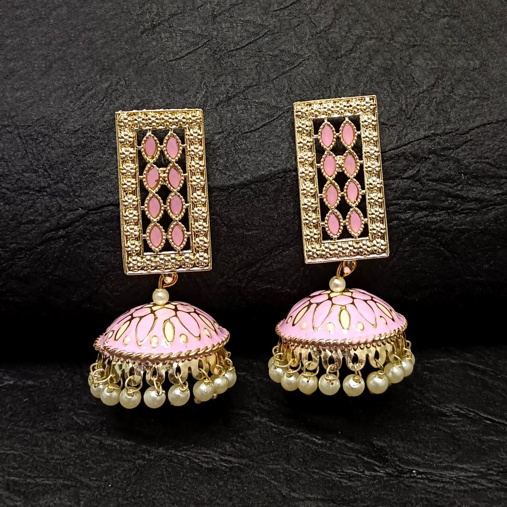 Bhavi Jewels Gold Plated Pink Meenakari Jhumkis Earrings