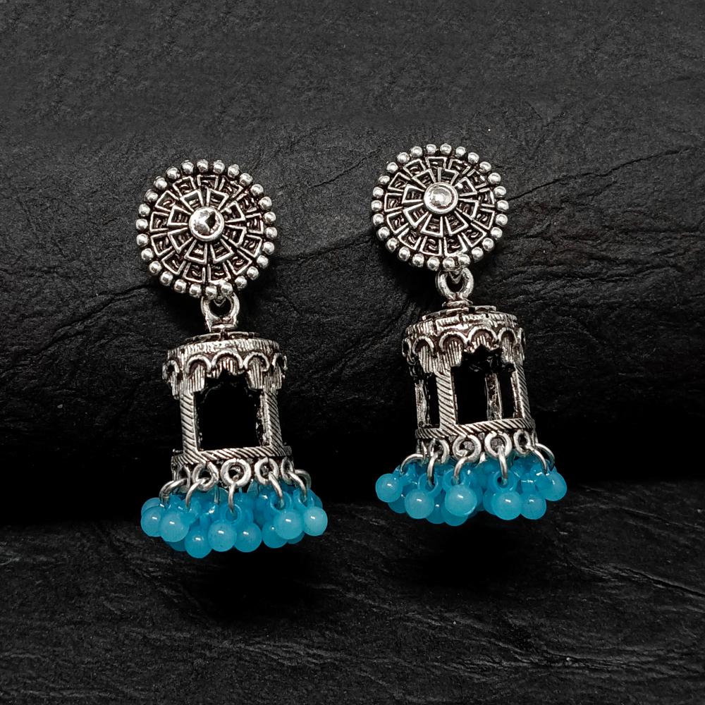 Bhavi Jewels Silver Plated Blue Beads Jhumkis Earrings