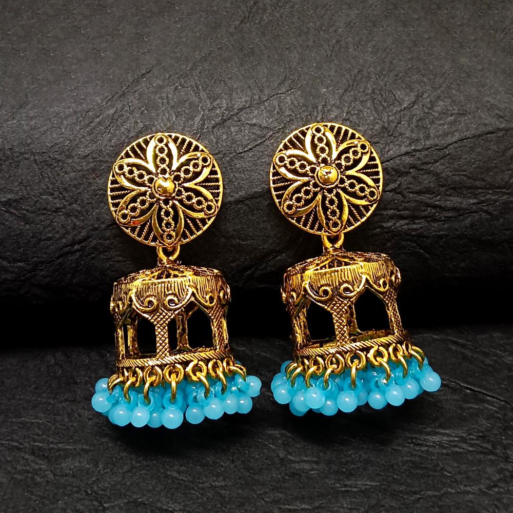 Bhavi Jewels Gold Plated Blue Beads Jhumkis Earrings