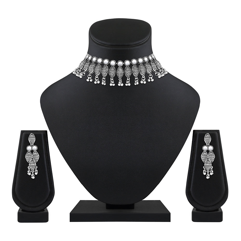JewelMaze Oxidised Plated Choker Mirror Necklace Set - 11691008OX