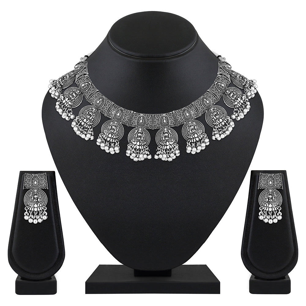 JewelMaze Oxidised Plated Laxmi Choker Necklace Set - 11691010OX