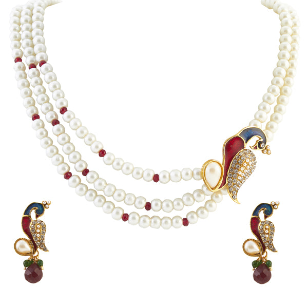 Apurva Red Austrian Stone Peacock Pearl Pendant Set