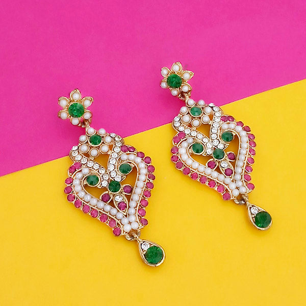 Kriaa Gold Plated Pink Green Stone Dangler Earrings