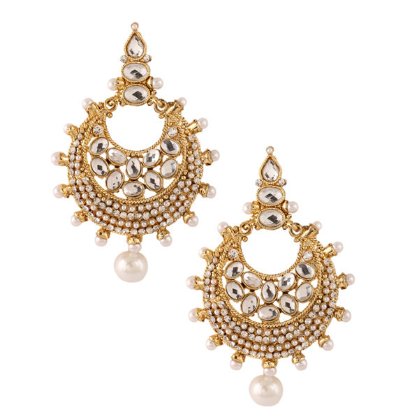 Kriaa White Kundan Gold Plated Pearl Dangler Earrings