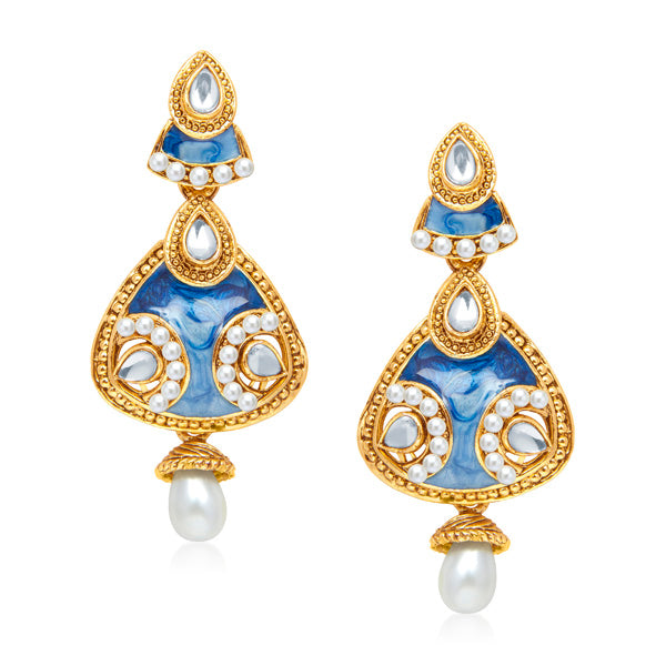 Kriaa Kundan Blue Gold Plated Dangler Earrings