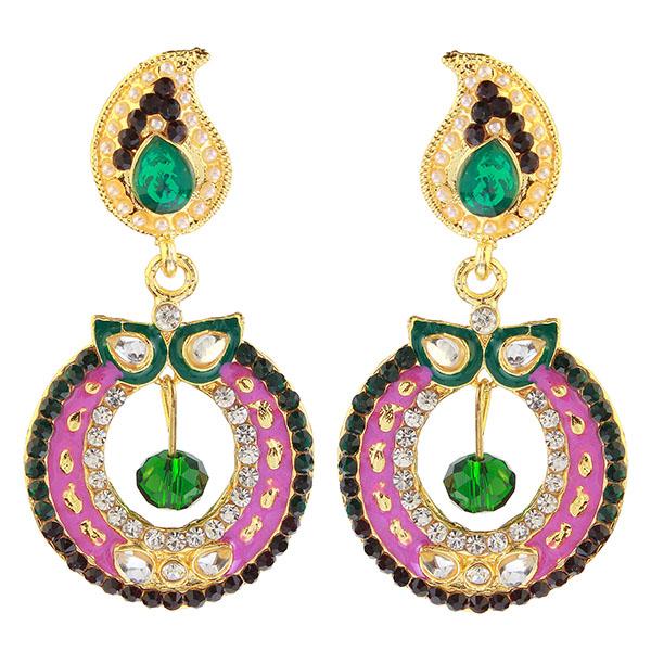 Kriaa Purple And Green Meenakari Kundan Dangler Earrings