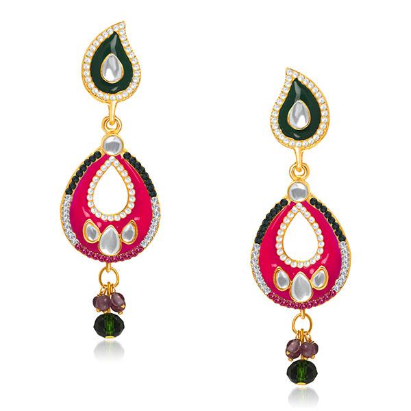 Kriaa Pink And Black Meenakari Kundan Dangler Earrings