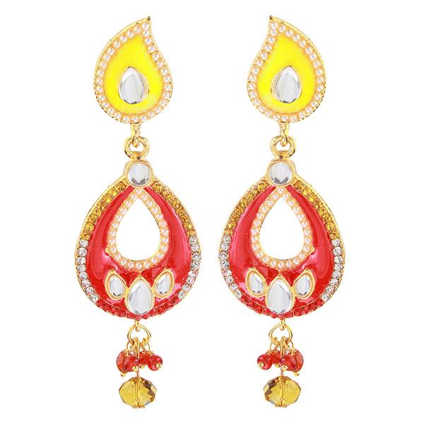 Kriaa Red And Yellow Meenakari Kundan Dangler Earrings