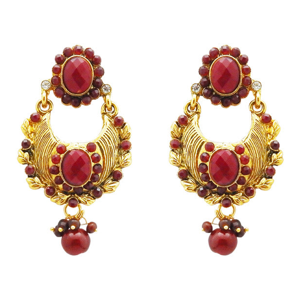 Kriaa Maroon Austrian Stone Gold Plated Dangler Earrings