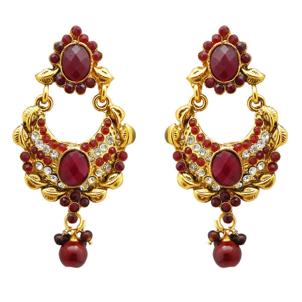 Kriaa Maroon Austrian Stone Gold Plated Dangler Earrings