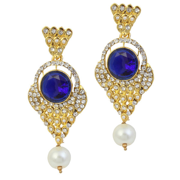 Kriaa Gold Plated Blue Stone Pearl Dangler Earrings