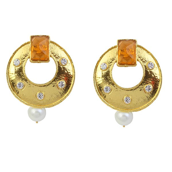 Kriaa Yellow Austrian Stone Pearl Dangler Earrings