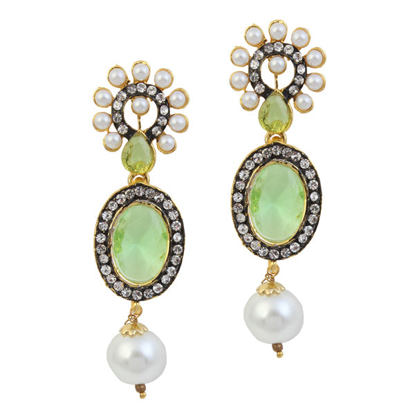 Kriaa Gold Plated Green Stone Pearl Dangler Earrings