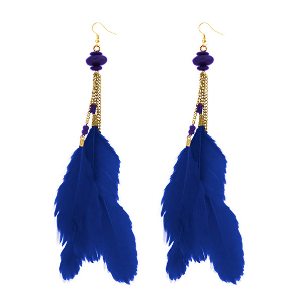 Jeweljunk Gold Plated Blue Feather Earrings