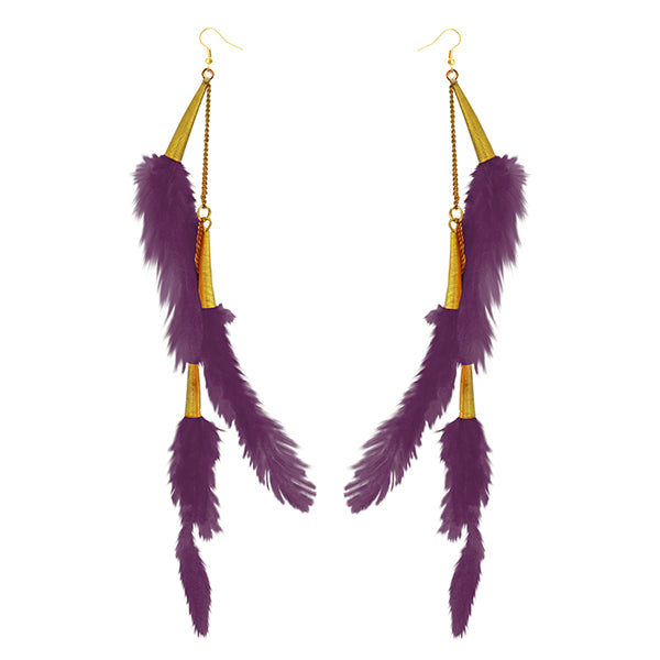 Jeweljunk Gold Plated Purple Feather Earrings
