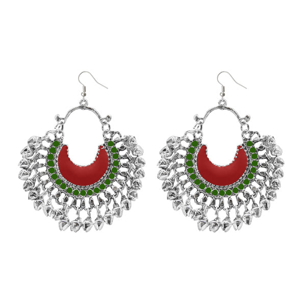 Jeweljunk Red Meenakari Silver Plated Afghani Earrings
