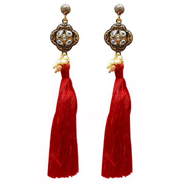 Jeweljunk Kundan Pearl Red Thread Gold Plated Earring