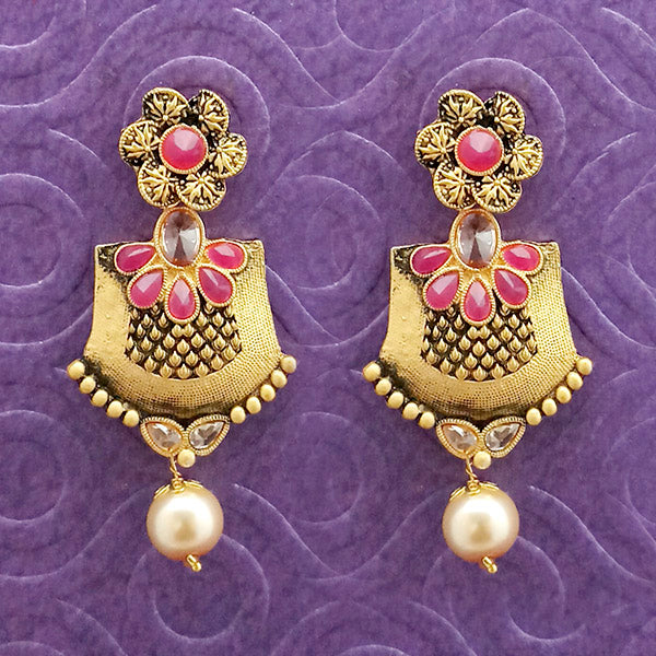 Kriaa Antique Gold Plated Pink Stone Dangler Earrings