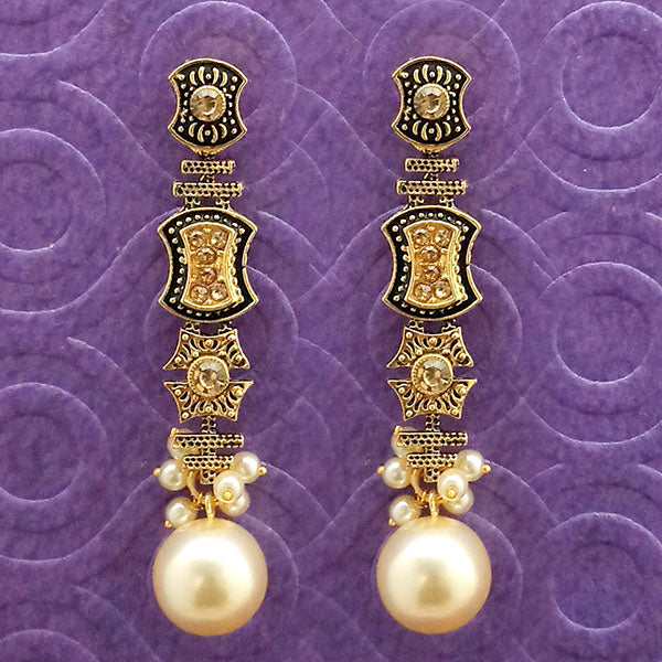 Kriaa Antique Gold Plated Brown Stone Pearl Dangler Earrings