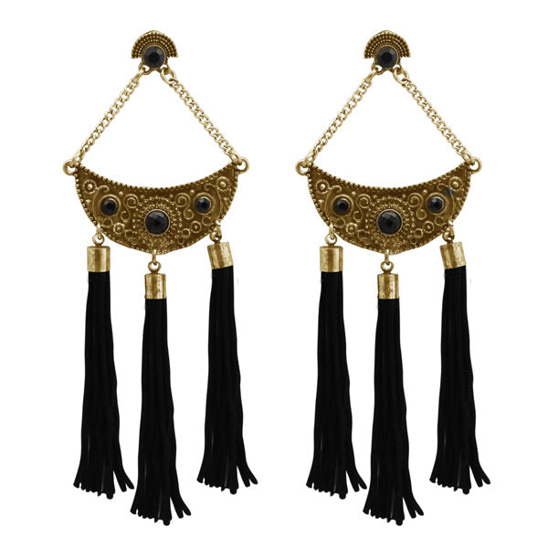 Jeweljunk Black Stone Antique Gold Thread Earrings