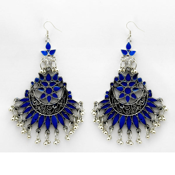 Jeweljunk Blue Meenakari Rhodium Plated Afghani Earrings