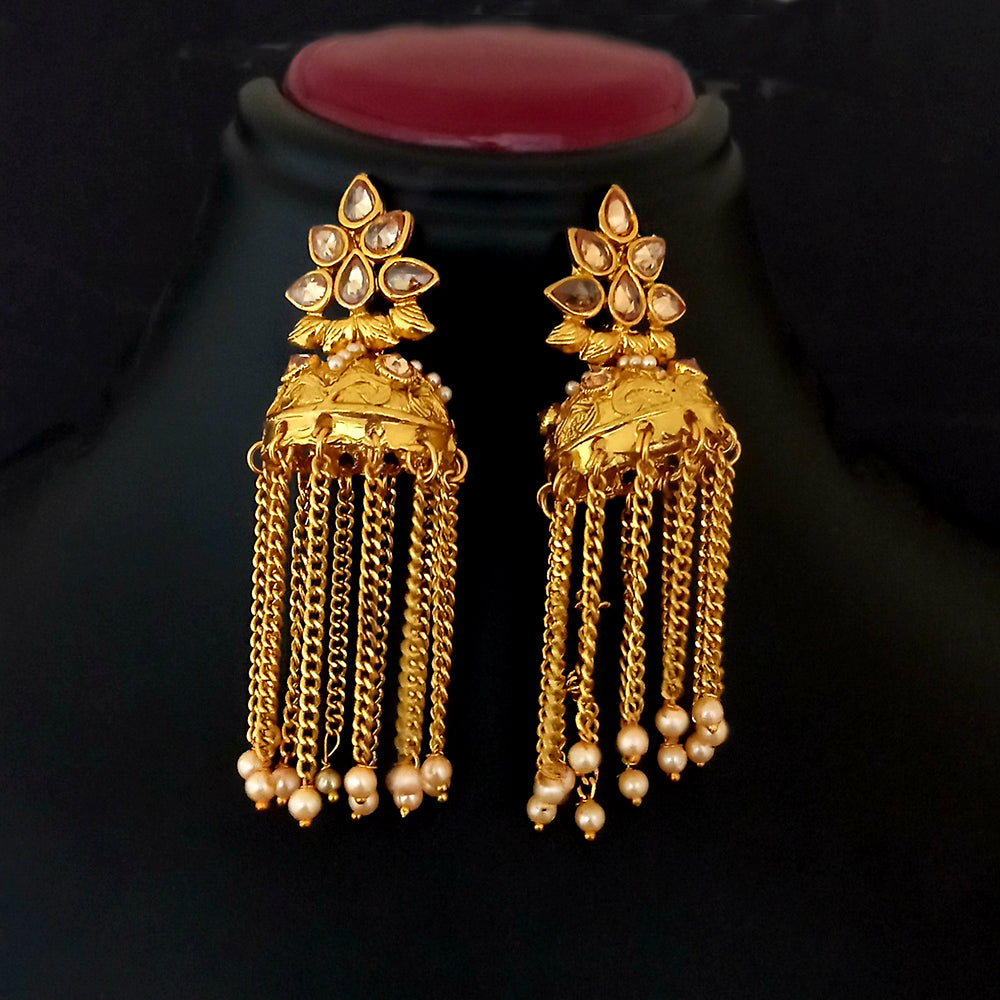 Kriaa AD Stone Gold Plated Pearl Drop Dangler Earrings