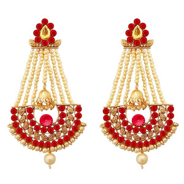 Kriaa Red Austrian Stone Gold Plated Pearl Dangler Earrings