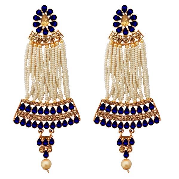 Kriaa Gold Plated Blue Austrian Stone Pearl Dangler Earrings