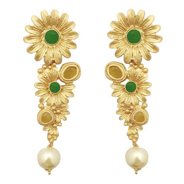 Infinity Green Pota Stone Gold Plated Floral Pearl Dangler Earrings
