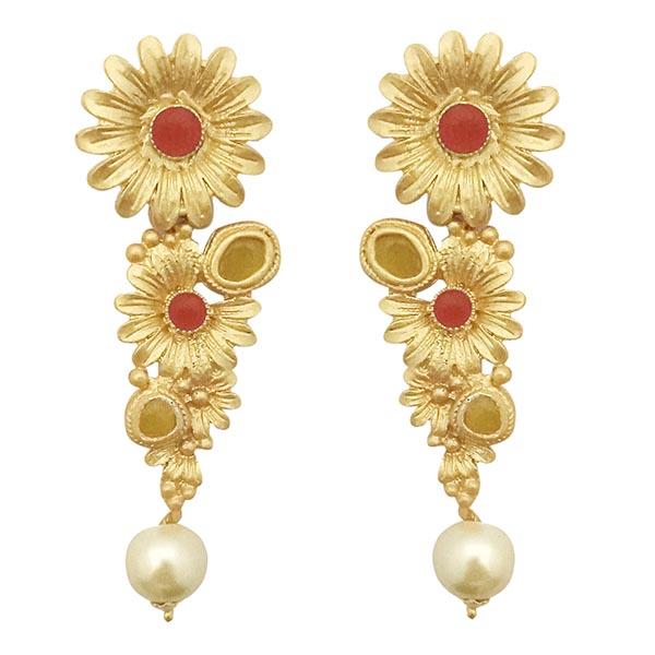 Infinity Red Pota Stone Gold Plated Floral Pearl Dangler Earrings