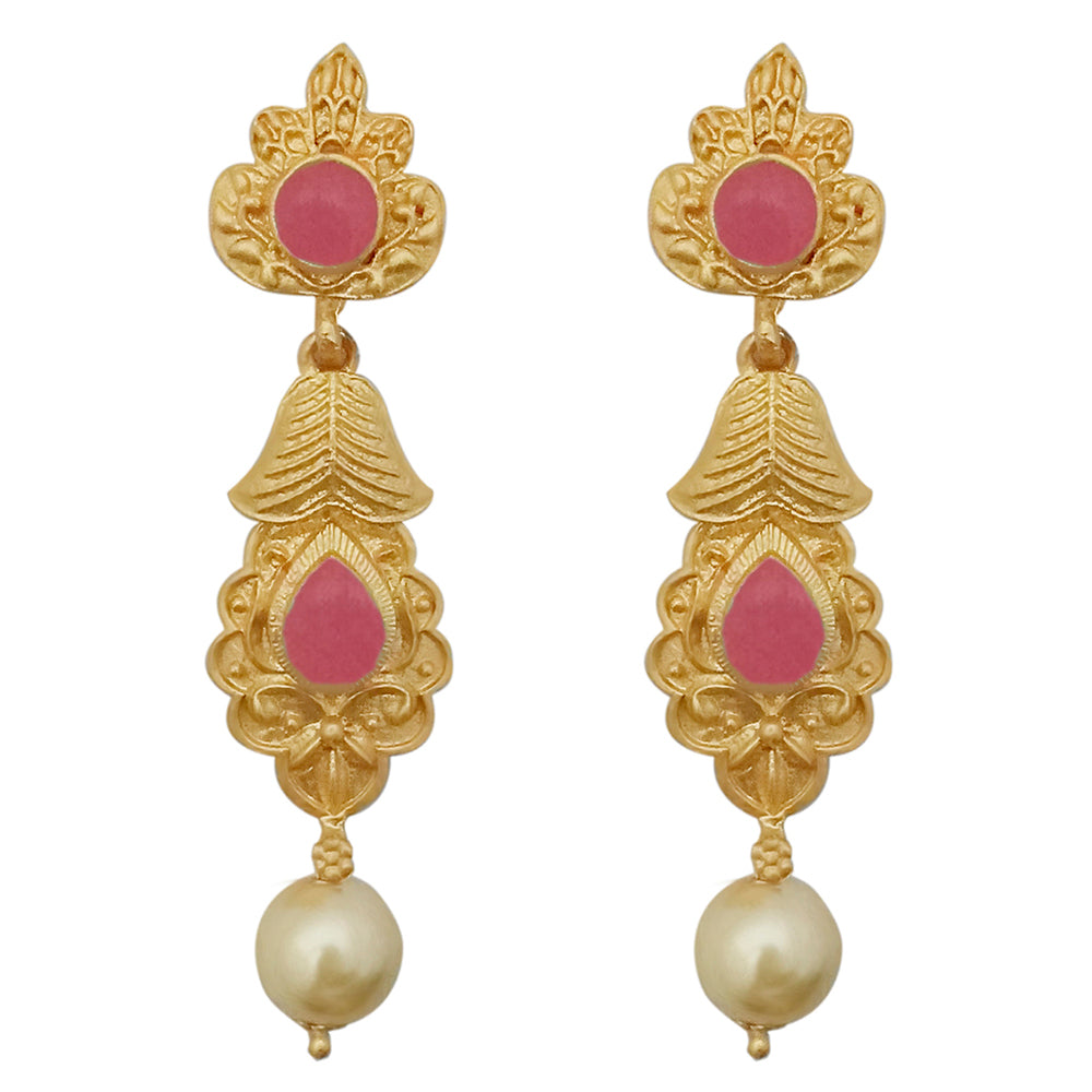 Infinity Pink Pota Stone Gold Plated Pearl Dangler Earrings