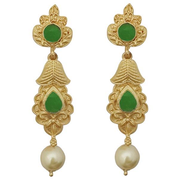 Infinity Green Pota Stone Gold Plated Pearl Dangler Earrings