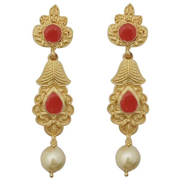 Infinity Red Pota Stone Gold Plated Pearl Dangler Earrings