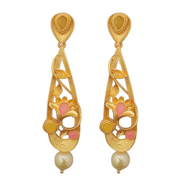 Kriaa Pink Austrian Stone Pearl Drop Gold Plated Dangler Earrings
