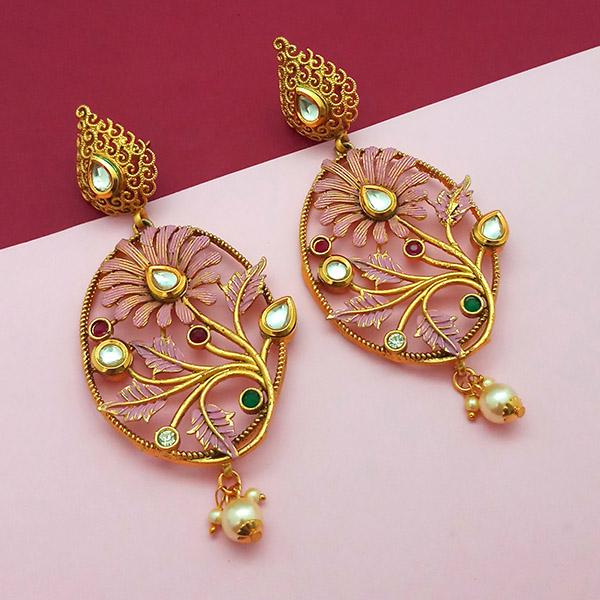 Nikita Arts Gold Plated Stone And Pink Meenakari Copper Matte Dangler Earrings