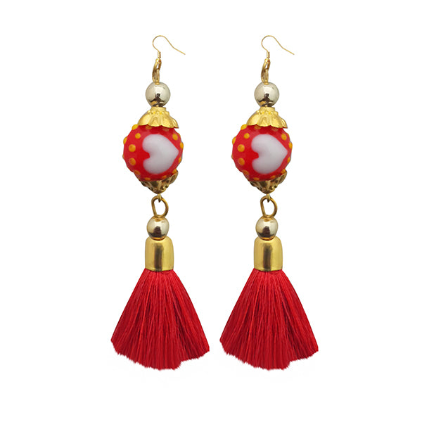 Jeweljunk Red Thread Gold Plated Tassel Earrings
