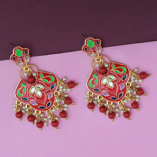Kriaa Gold Plated Red Meenakari Kundan Dangler Earrings