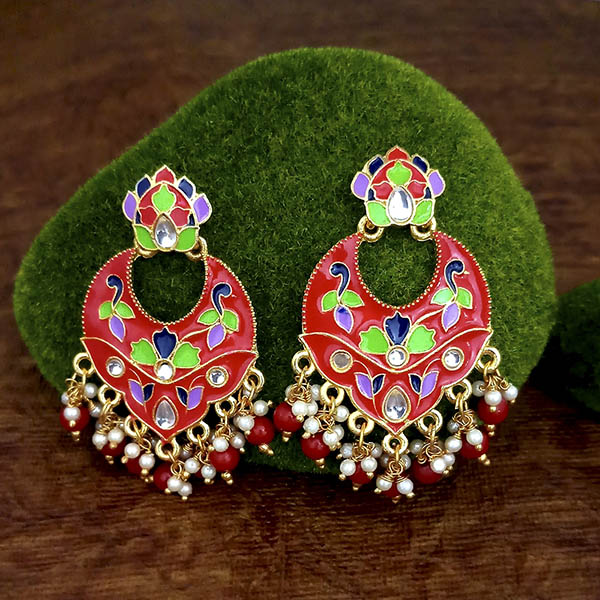 Kriaa Red Meenakari And Beads Kundan Dangler Earrings
