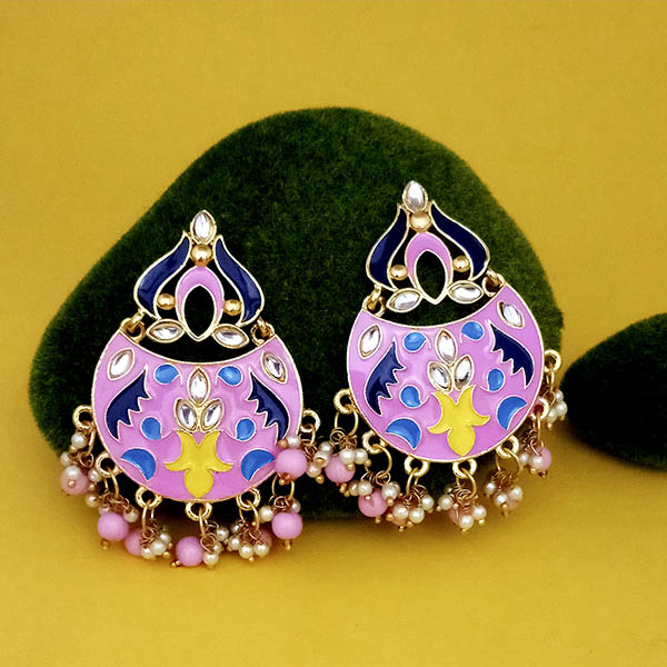 Kriaa Pink Meenakari And Beads Kundan Dangler Earrings