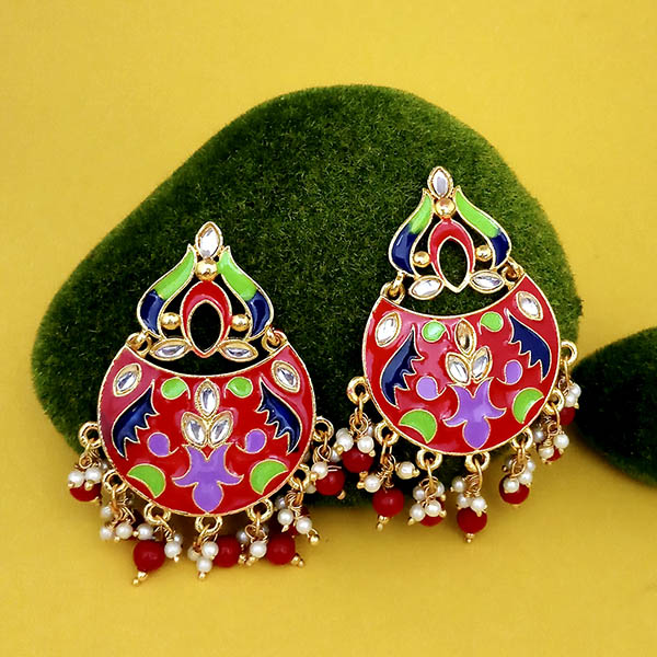 Kriaa Red Meenakari And Beads Kundan Dangler Earrings
