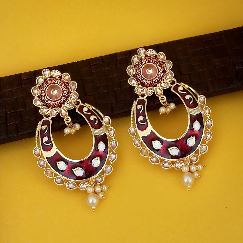 Kriaa Maroon Meenakari Gold Plated Chandbali Earrings