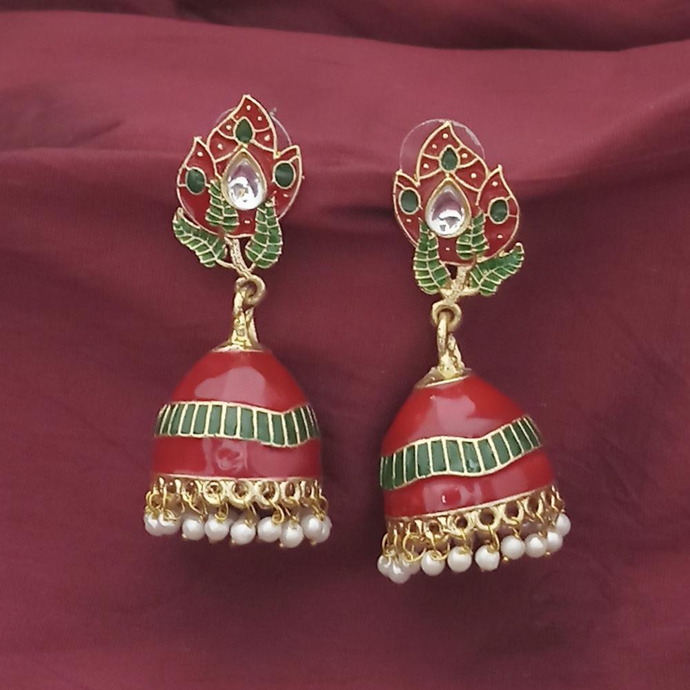Shreeji Creation Gold Plated Red Meenakari And Kundan Jhumki Earrings - 1316366A
